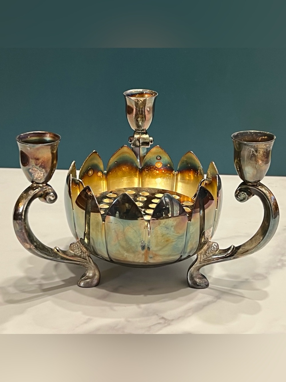 Vintage Leonard Silver Plate Lotus Flower Frog 3 Arm Candle Holder Centerpiece